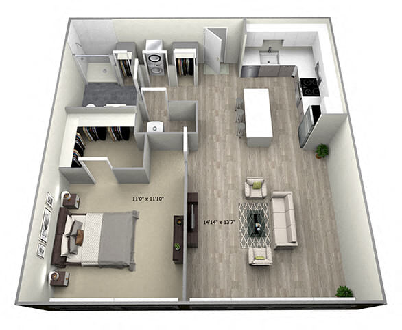Floor plan for 1 bed, 1 bath, 640 sqft